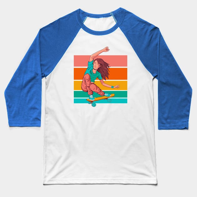 Retro Skater Girl Illustration // Vintage Skateboarding Sk8 or Die Baseball T-Shirt by SLAG_Creative